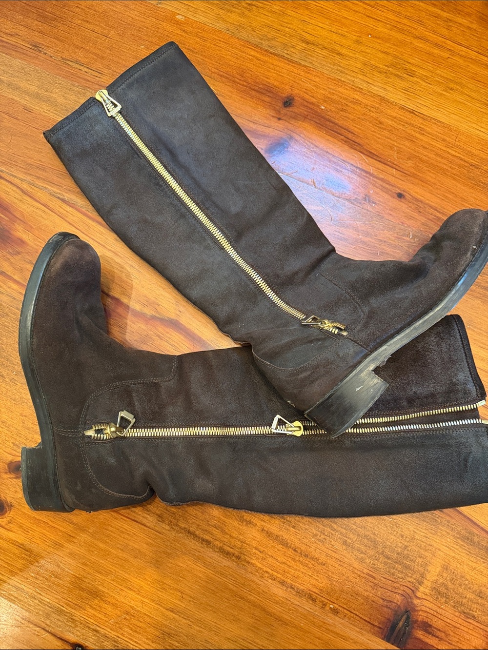 Jimmy Choo Dark Brown Suede Knee-High Boots with Gold Zippers